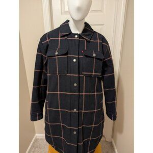 LEVIS Womens Plaid Faux Wool Blend Sherpa Lined L Long Coat